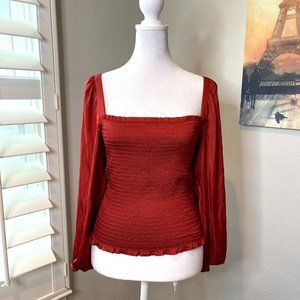 NWT J. Crew : Squareneck Smocked Satin Crop Top : Spiced Cayanne : XS